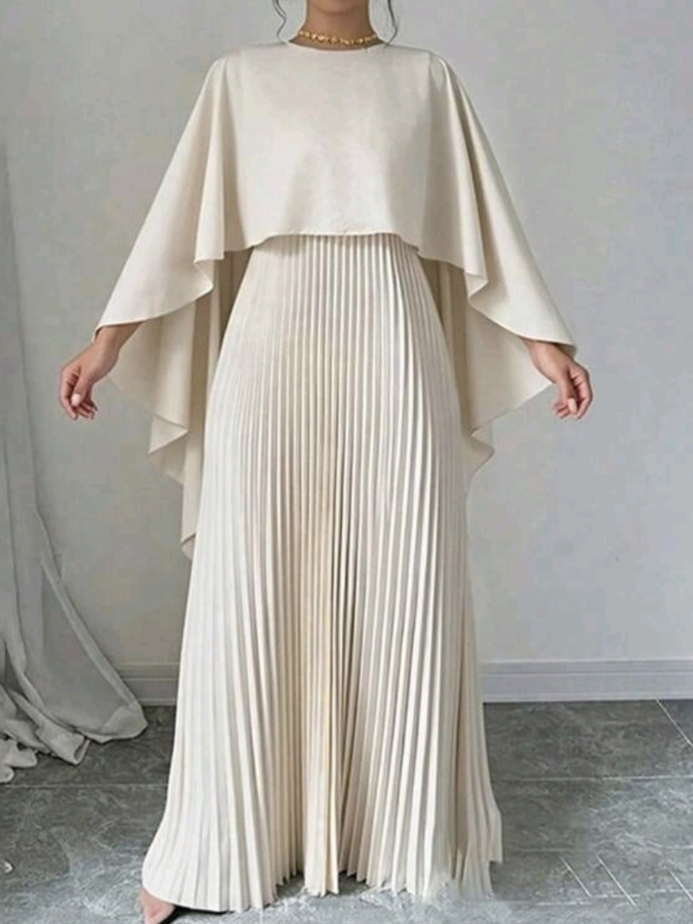 Elegant Cream Pleated Maxi Dress with Cape Overlay